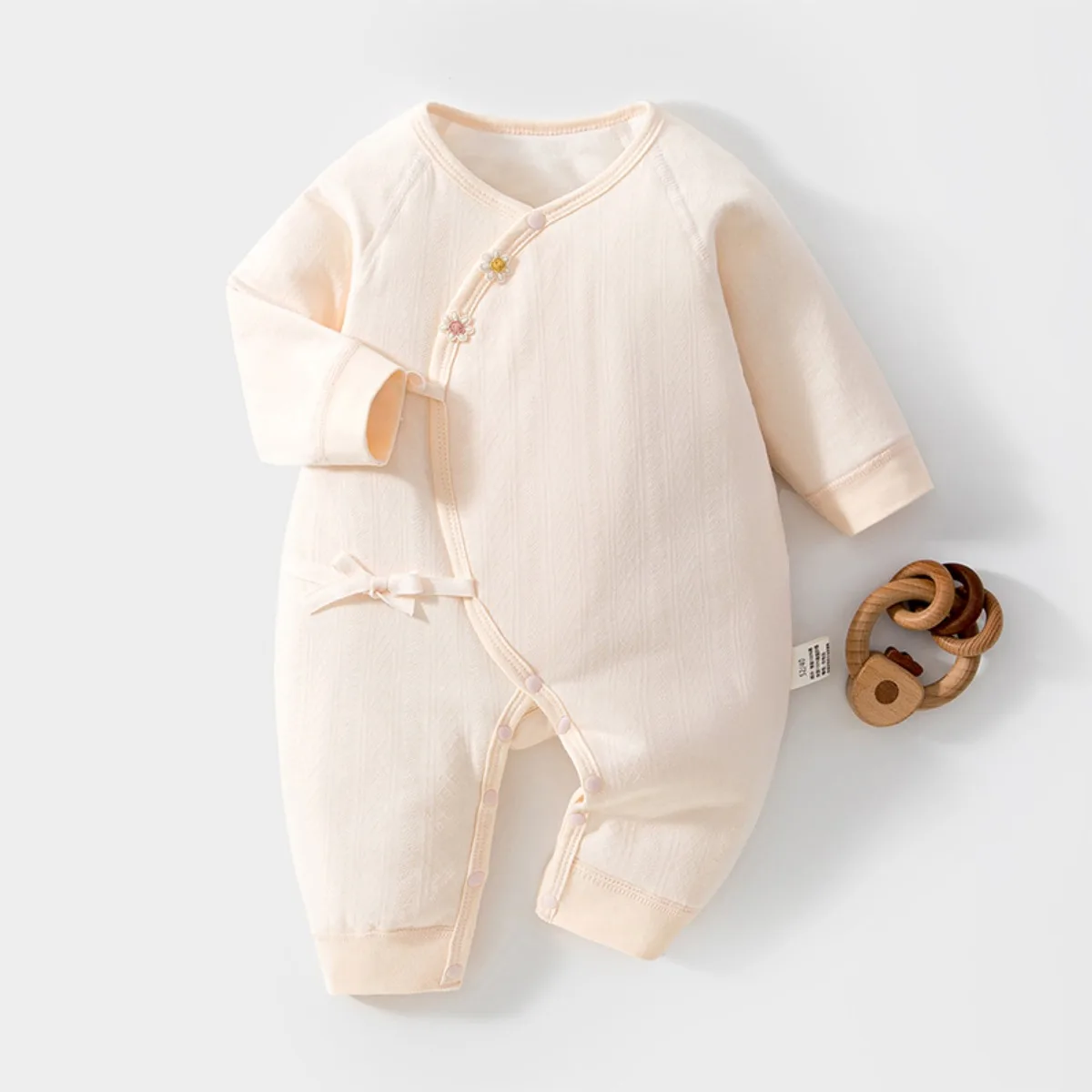 Lightly Padded Baby Romper Side Snaps Long Sleeve Onesie Soft Cotton Floral Embroidery Infant Lounge 0-6M Unisex for Fall Winter