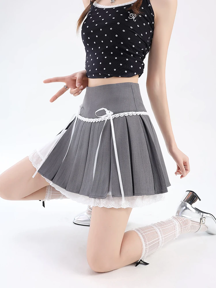 Spódniczki plisowane Y2k damskie z kokardkami, mini spódniczka w kształcie litery A, Harajuku