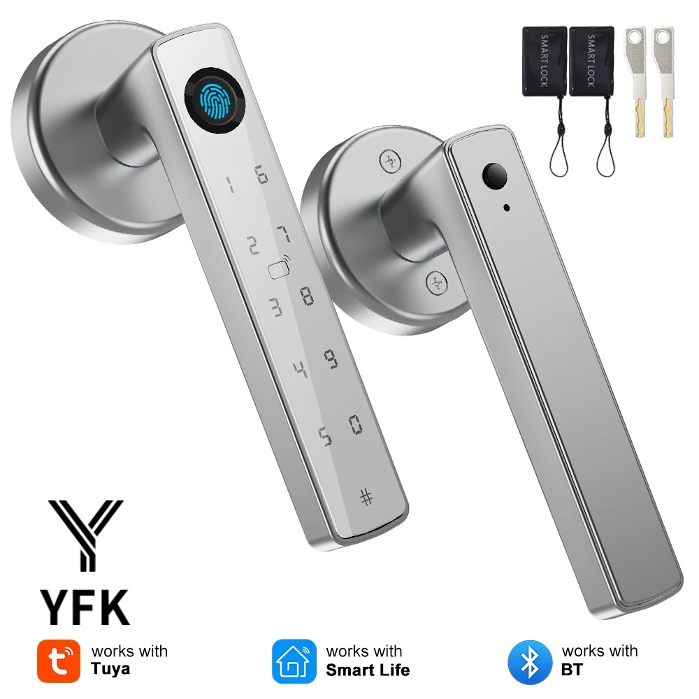 YFK Tuya Smart Life Fingerprint Door Lock Handle 5 in 1 Unlock NFC IC Card Fake PIN Temporary Code Bluetooth Keyless Entry Interior Door Lock Support Remote Unlock With Gateway