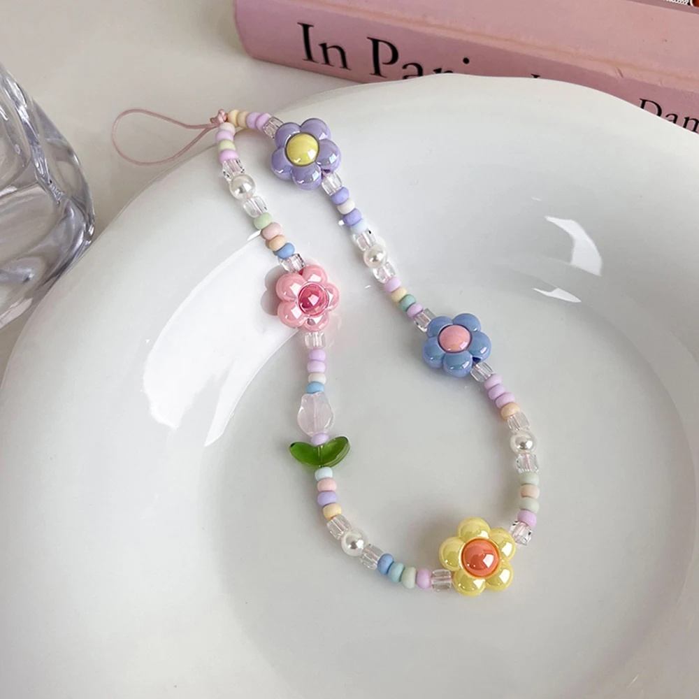 Sweet Lovely Tulip Flower Beaded Mobile Phone Charm Strap Women Fashion Phone Chain Anti Loss Lanyard Jewelry Telephone Pendant