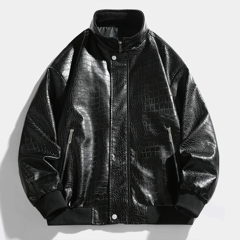 

Crocodile Patterns Leather Biker Jacket Stylish Contrast Colors Classic Overcoat Motor Men Jacket Motorcycle Baseball Men