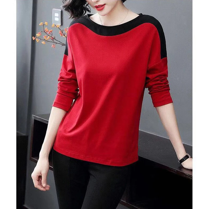 2023 Spring Autumn Korean Fashion Women\'s Casual Contrast Color Long Sleeve Basic T-shirts Round Neck Loose Ladies Tops Clothing