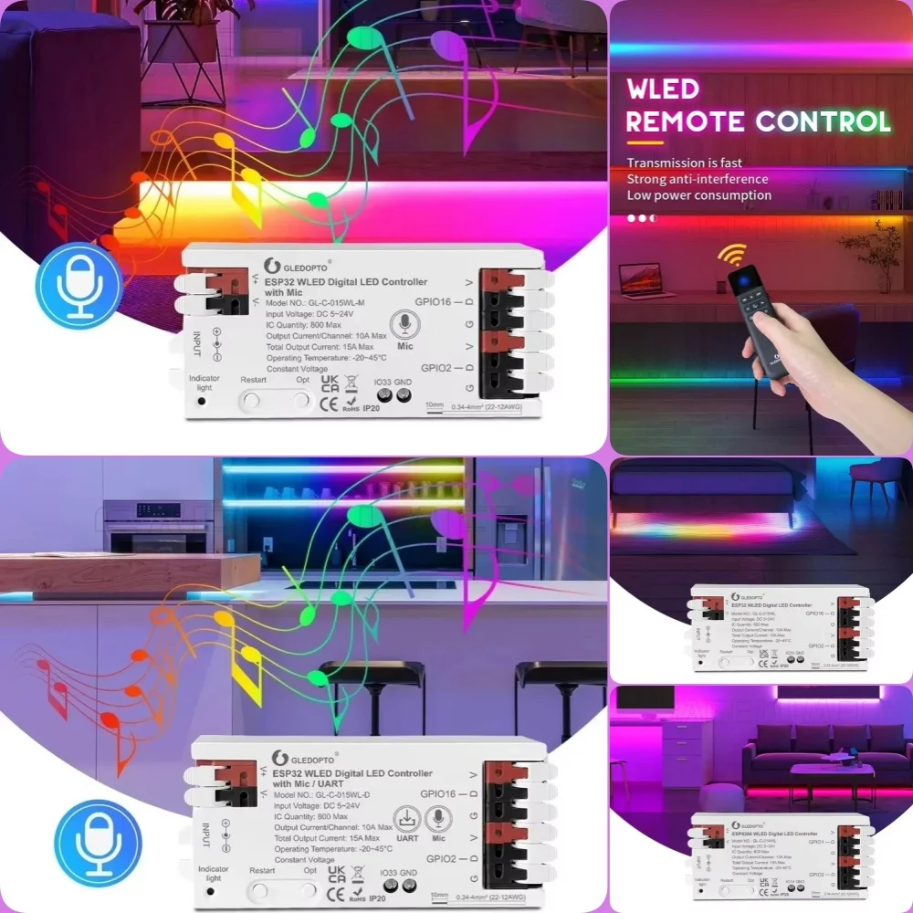 GL-RC-001WL WLED WiFi APP LED Pixel Controller ESP32/8266 GL-C-014WL/GL-C-015WL/GL-C-015WL-D/GL-C-015WL-M for Led Strip Light