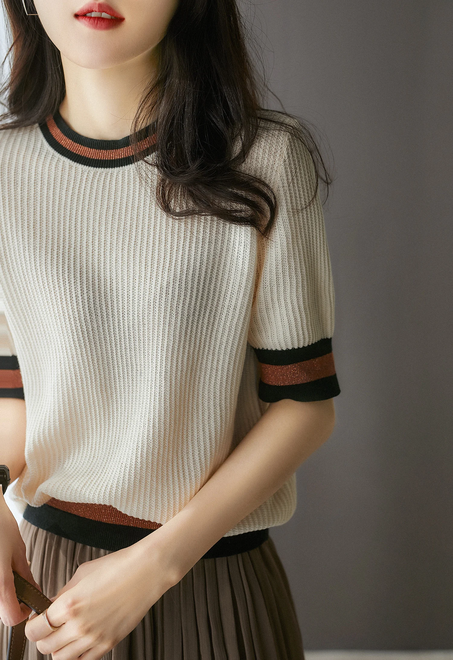 

out hollow small fragrance wind ice silk short knit shirt for women loose thin half sleeve T-shirt