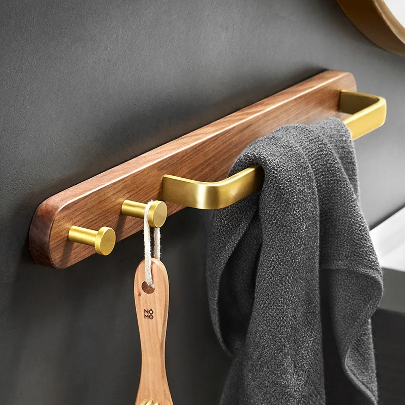 Golden Space Aluminum Towel Rack with Hooks, Bathroom Solid Wood Rack, Toilet Towel Bar, Kitchen Rack, No Drilling Required