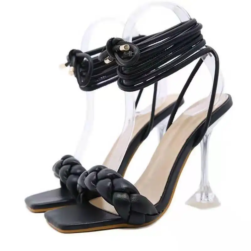 Weave Women Sandals Transparent High Heels Ladies Sandals Open Toe Shoes Sexy Crystal High Heels Ladies Stilettos Square Toe