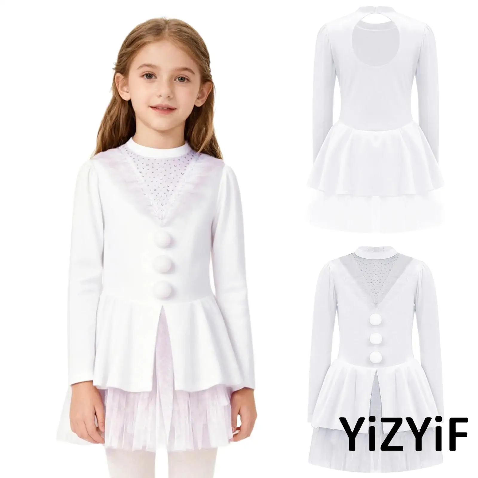 

Kids Girl Candy Cane Xmas Santa Dress Sparkling Long Sleeve Back Cutout Design Christmas Princess Costume Ice Skating Tutu Dress