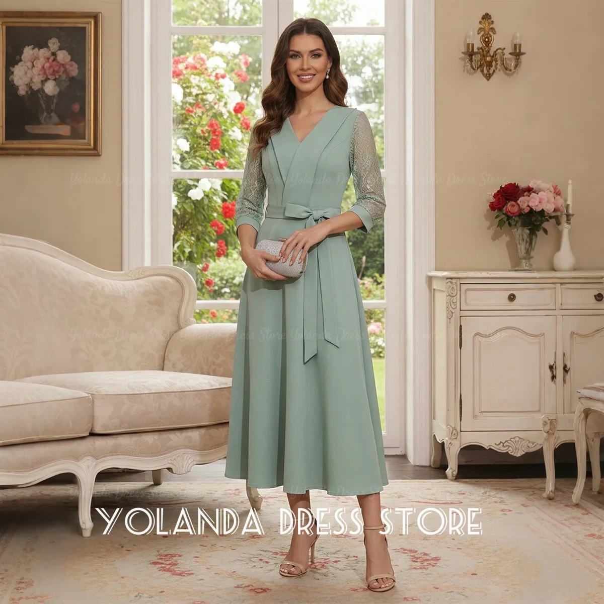 

Yolanda Women's Wedding Party A-line V-Neck 3_4 Sleeves Mother of the Bride Dresses 2026 Ankle Length Evening Gowns Customized