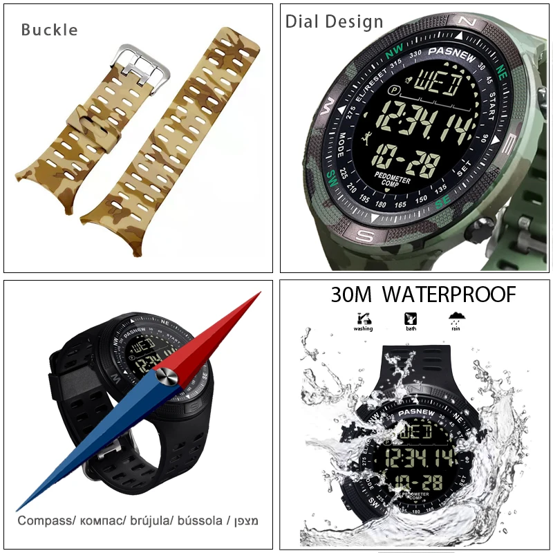 Military Compass Watch Men Digital Pedometer Waterproof Electronic Hand Clock Boy Camouflage Submersible Sport Wristwatch Male