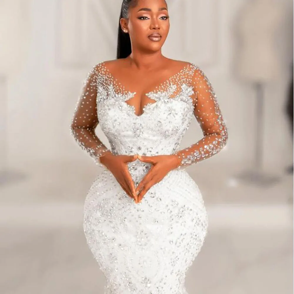 Luxurious Mermaid Wedding Dresses Skin Tulle V Neck Sparkly Crystals Beading Bridal Gowns Plus Size Full Sleeves Women Clothing