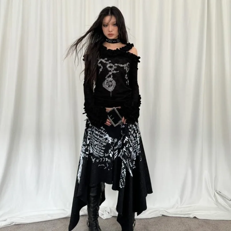 

Sweet Cool Print Dark Academia Clothes Sexy High Waist A-line Skirt for Women 2025 Spring Autumn New Loose Irregular Skirts