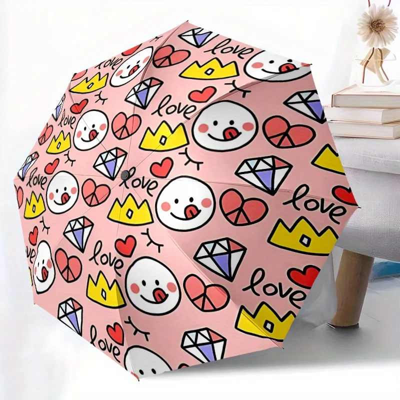 

Автоматический складной зонт Love, Crown, 1 шт. – 8-спицевая железная рама, ветрозащитный, портативный солнцезащитный зонт с пластиковой ручкой для путешествий и отдыха.
