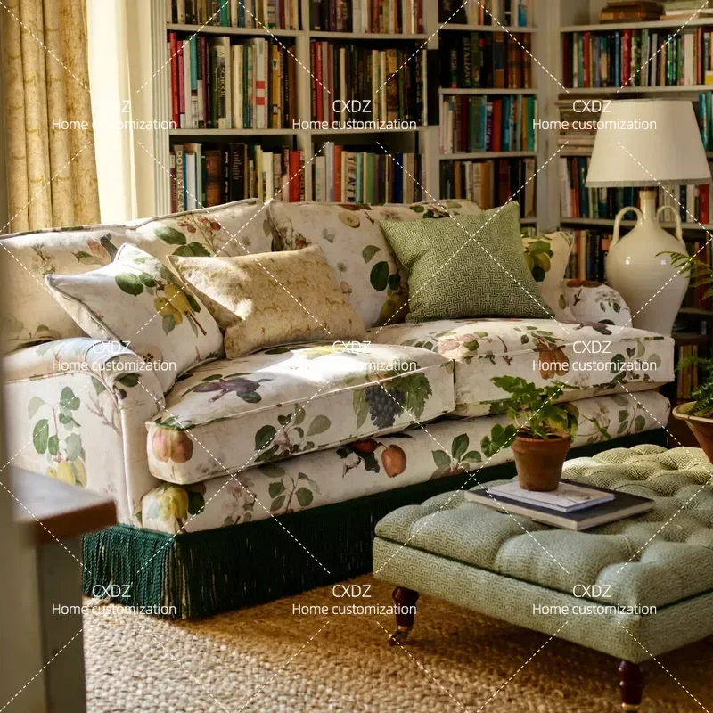 Retro Printed Fringed Sofa Solid Wood Fabric 3 Seater Couch for Living Room Balloon Casual Single Armchair Home Furniture