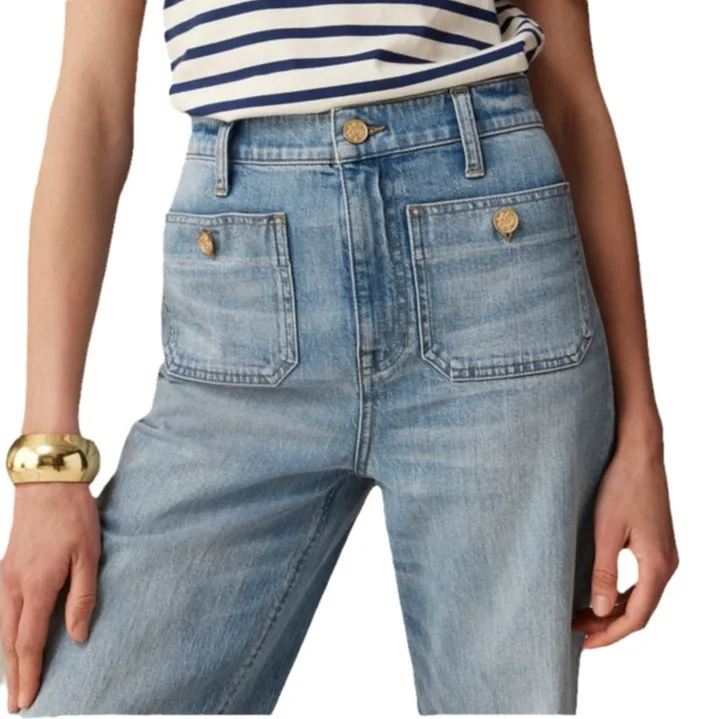 Women's Jeans Denim Pants Clothing New Loose Wide Leg Casual Bleached Button Slightly Flared Jeans Full Length