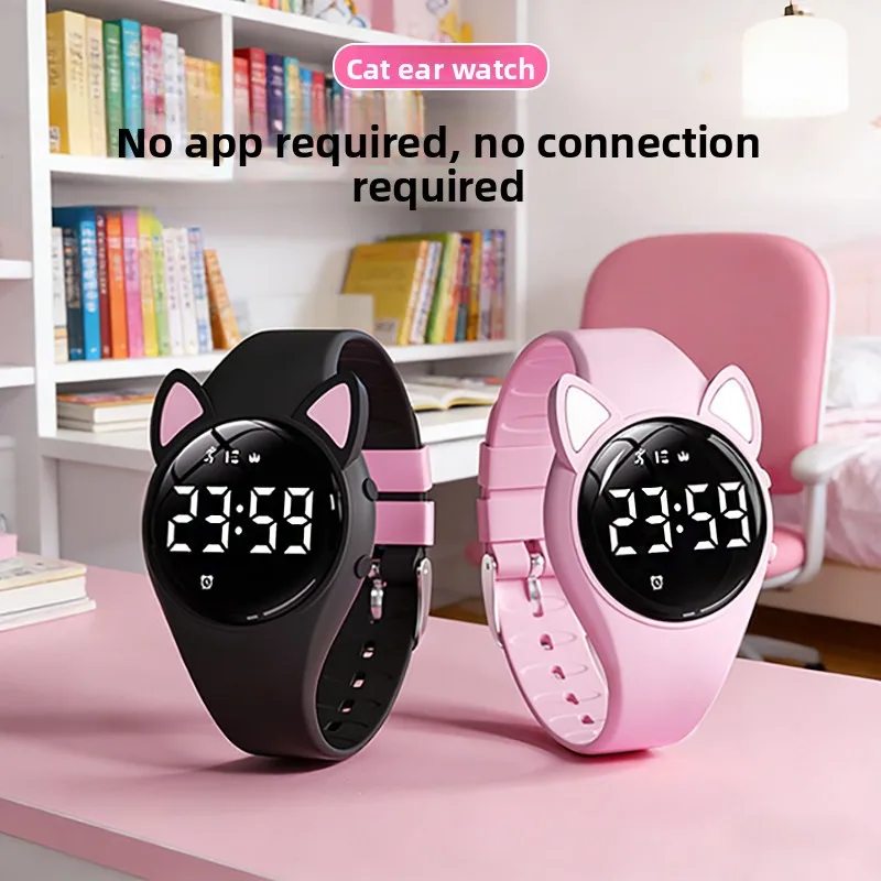 2026 New Cat Ear Women Swimming Waterproof 30M Electronic Watch Vibration Alarm Sports Fitness Pedometer Simple Bracelet