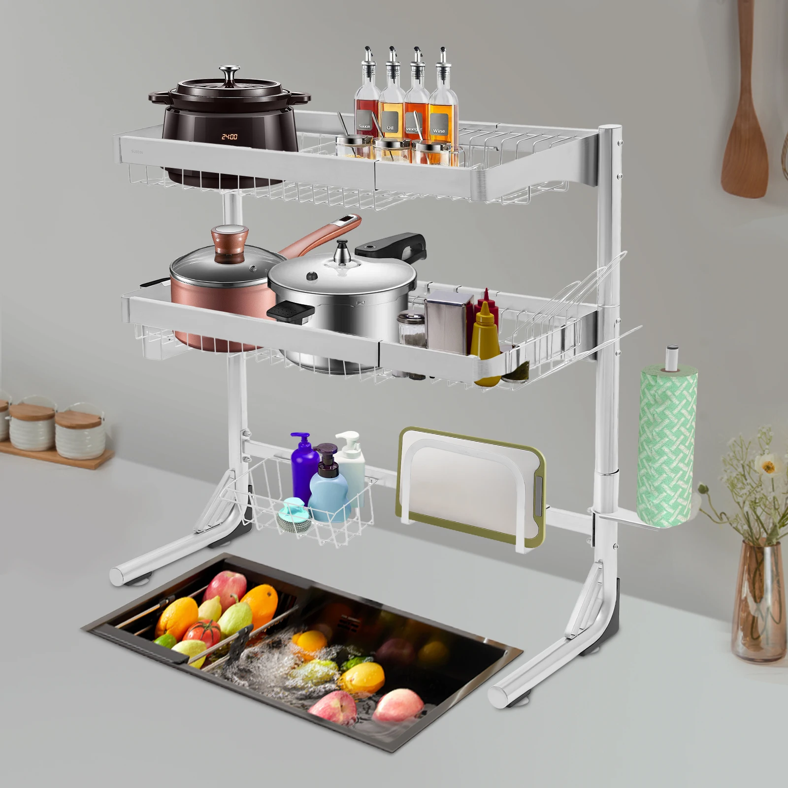 2 الطبقة تجفيف الأطباق 304 الفولاذ المقاوم للصدأ سعة كبيرة مع عود قفص حامل الكأس سلة قطع مجلس حامل حامل سكاكين