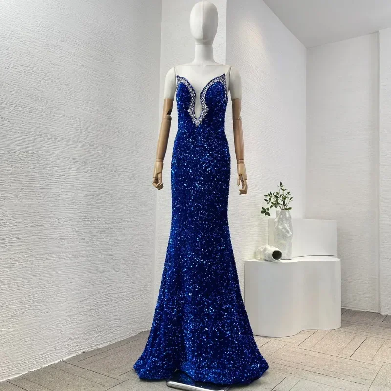 Women's Deep V Neck Sequined Blue or Green Sexy 2025 New Fashion Ladies High Quality Elegant Blue Tube Maxi Dresses for Party