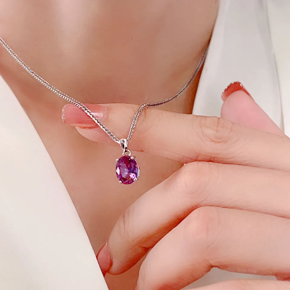 Color Changing Created Alexandrite Pendant Necklace 925 Sterling Silver Gemstone Fine Jewelry For Women Basic Style Free Chain