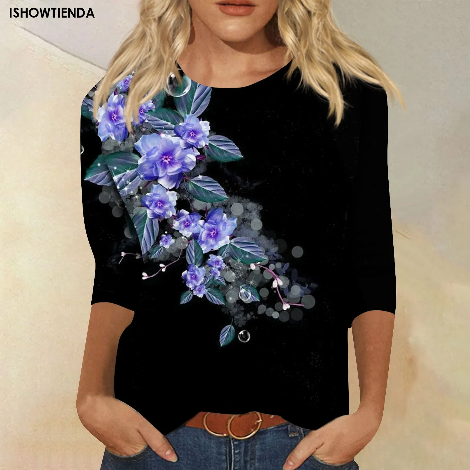 Summer Women T-shirt Small Flower Pattern Print Long Sleeve Casual Weekend Flower Painting Round Neck Seven Sleeve Plus Size Top