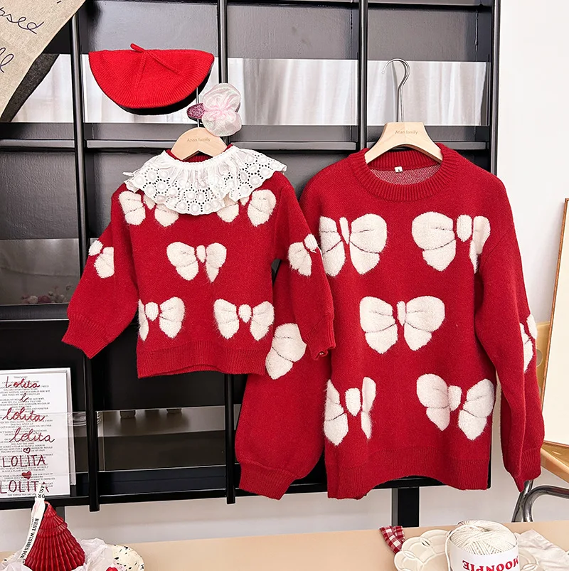 

Mother Daughter Matching Red Sweater Women Knitted Pullover Long Sleeve Tops Baby Girl Jumper Mom and Me Outfit Christmas Family