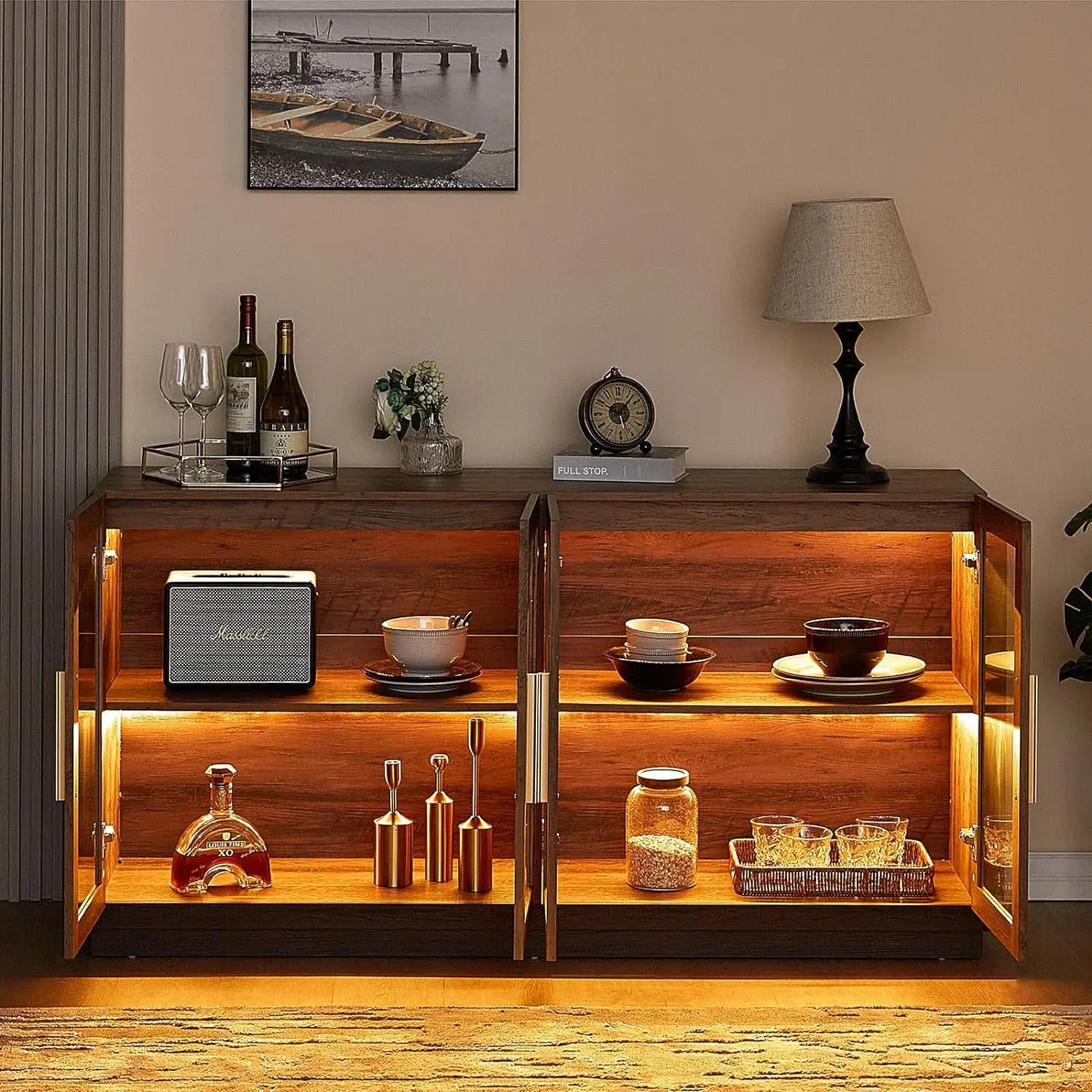 Sideboard Buffet Cabinet, Mixed Color Accent Cabinet with LED Lights, Modern Glass Doors Storage Cabinets, Customized