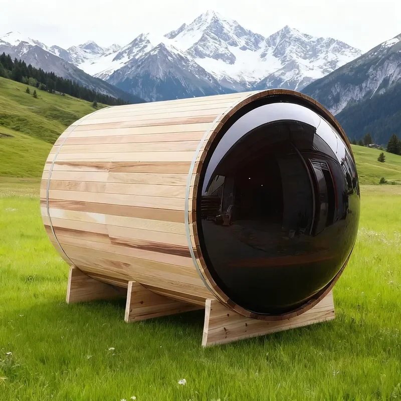 Cedar Wood Burning Stove Outdoor Barrel Sauna Kit Panoramic Window Home Backyard Steam Room for Gym Apartment Villa Portable