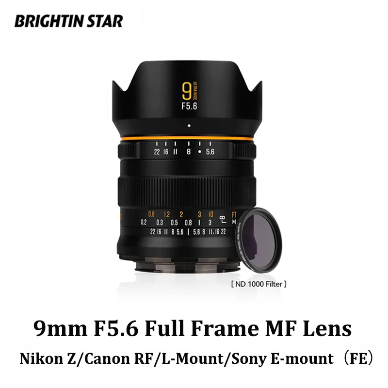 

Brightin Star 9mm F5.6 Full Frame 132° Ultra Wide-Angle Manual Focus Mirrorless Camera Lens for SONY FUJIFILM Canon