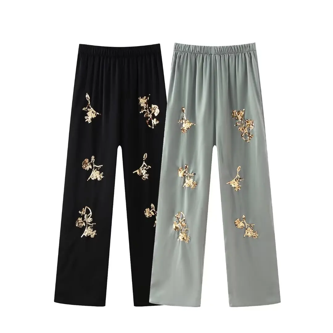 

Elastic waist Sequin straight leg pant Lady Vintage England Exquisite elegant Style Wide Leg Ankle-Length Regulai Fit Pant