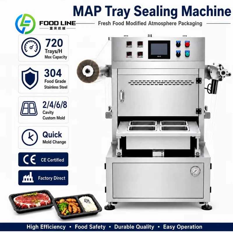 Fully Automatic Modified Atmosphere Packaging Tray Sealer Custom MAP Sealing Equipment for Fresh Food, Meat and Seafood