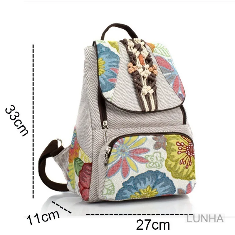 Women's Backpacks Summer Retro Casual Flower Printed Cotton Linen Backpack Handwoven Small Backpack