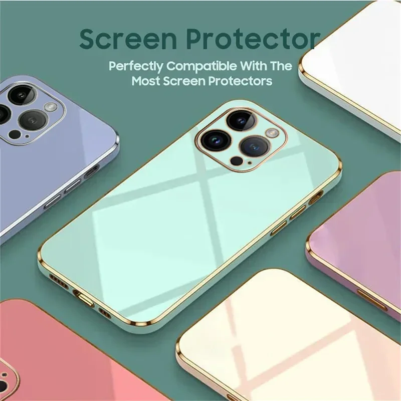 Luxury Square Plating Shockproof Back Case For iPhone 16 15 14 13 12 mini 11 Pro XS Max XR Cover with Lanyard