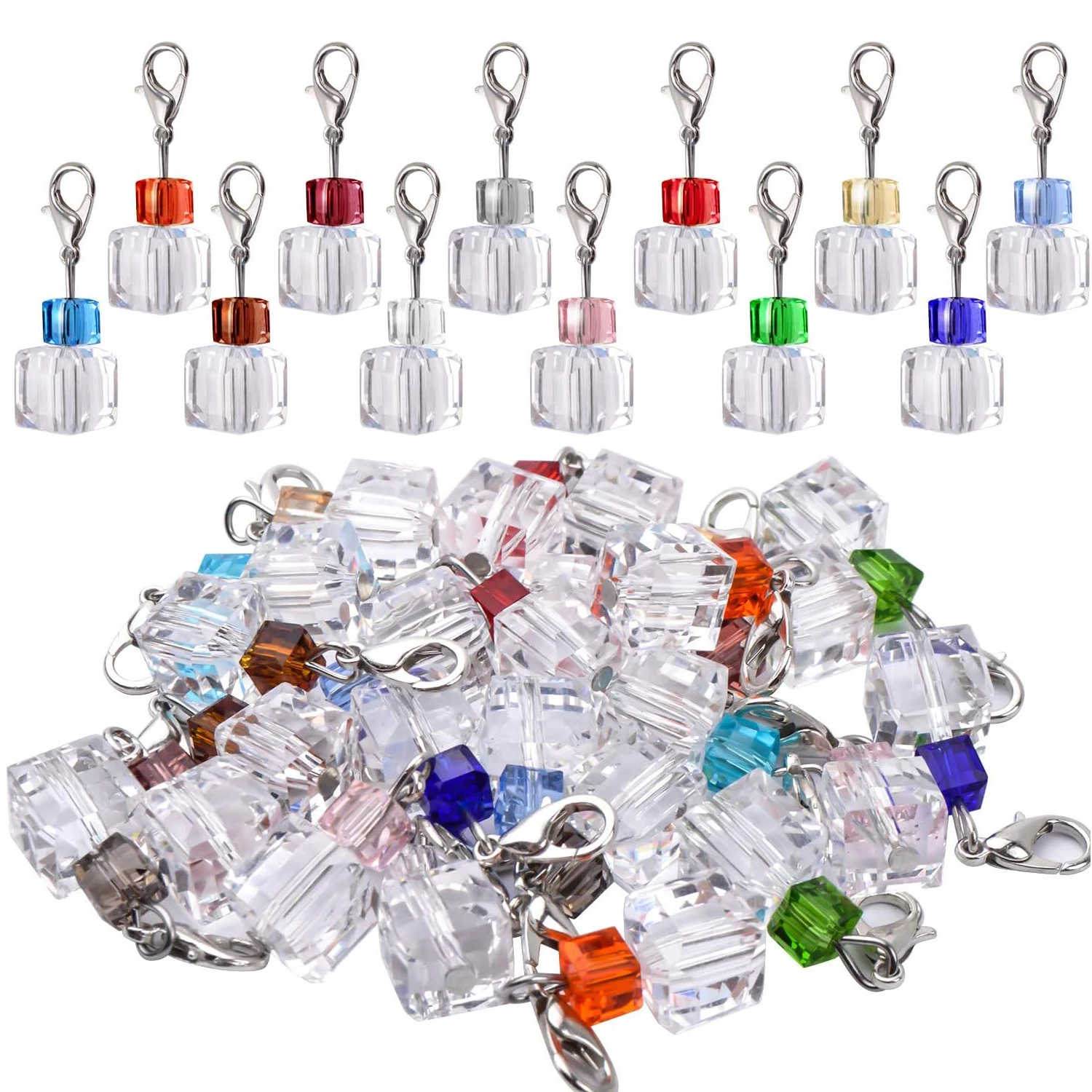 

24 прозрачных хрустальных подвески, 12 цветов, граненые хрустальные подвески-кубики, стеклянные кулоны с застежкой-карабином для брелоков
