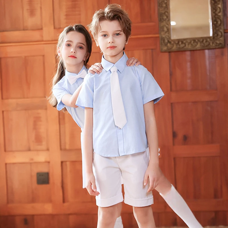 Bambini Estate Asilo Uniformi scolastiche Ragazze Gonne a pieghe JK Vestito Ragazzi Camicia Pantaloncini Papillon Costume da spettacolo di nozze