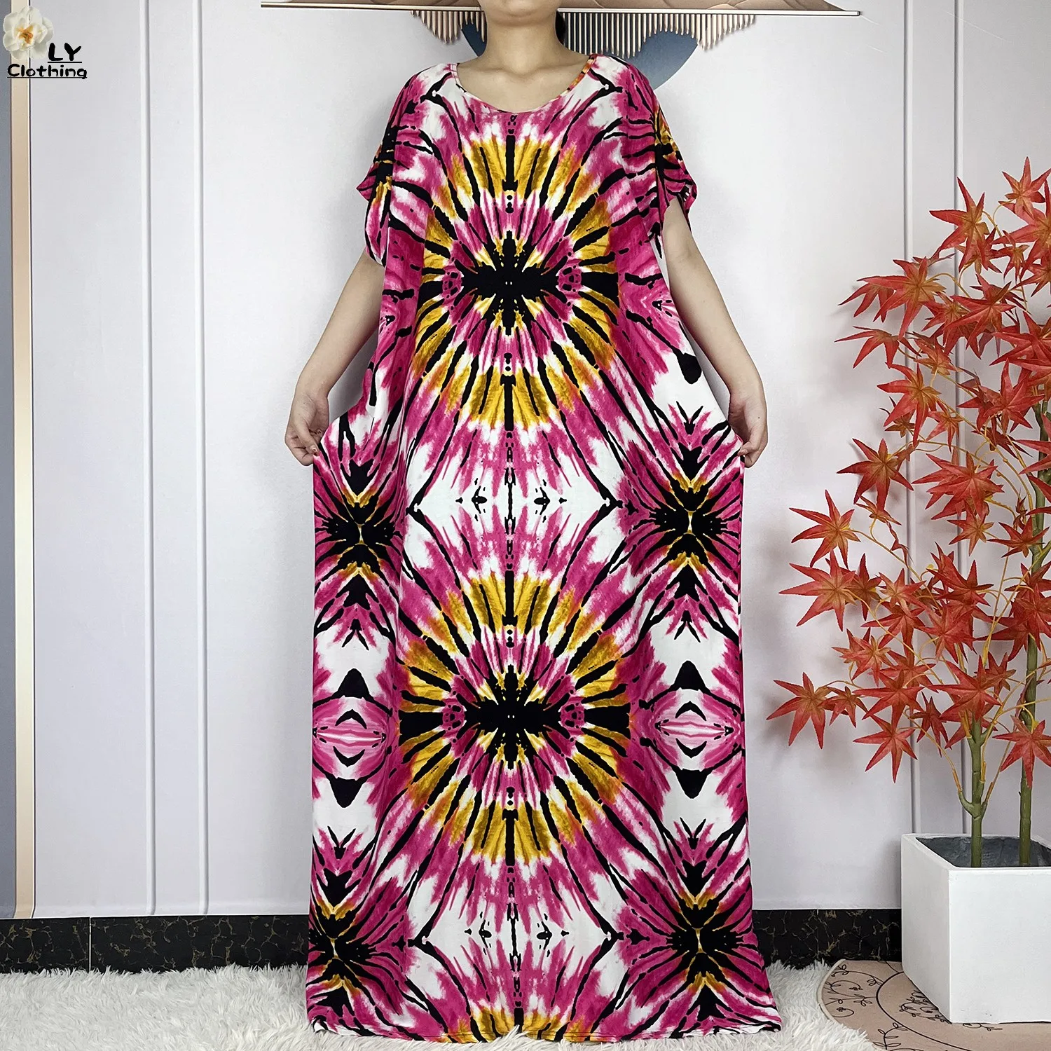 Summer Dubai Fashion Lady Clothing Soft Cotton Tie-dyed Loose Maxi Islam Women Short Sleeve African Abaya Dress With Big Scarf