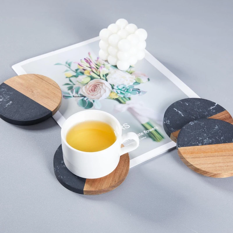 Coasters Set of 4 for Drinks,Marble-Wood Spliced Coaster for Tabletop Protection,Cup Holder Coasters for Multiple Cup-SPMI