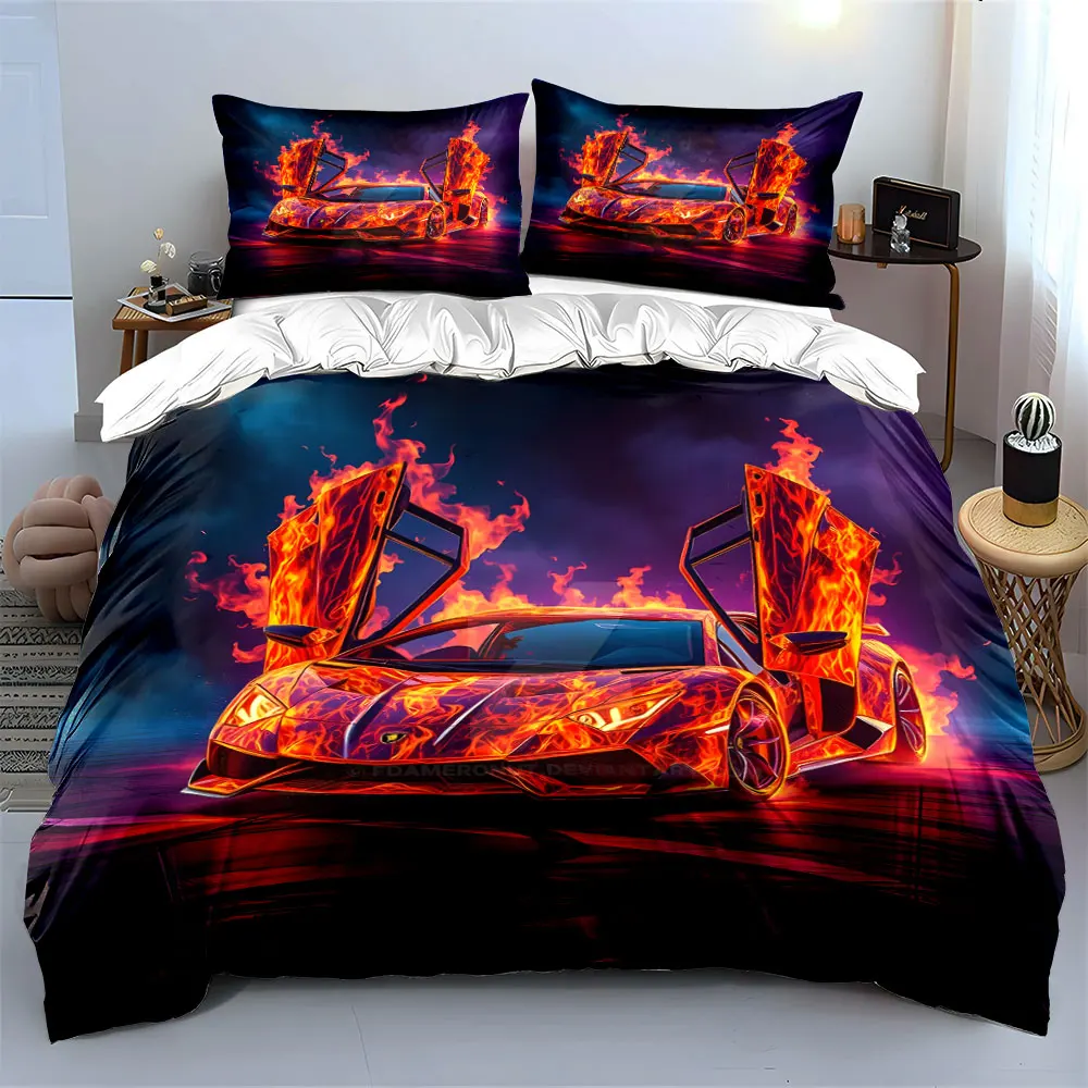 Flaming sports car ablaze at night Print Bedding Set 1 Duvet Cover 2 Pillowcases for Adult and Children Luxury Gift Full Size