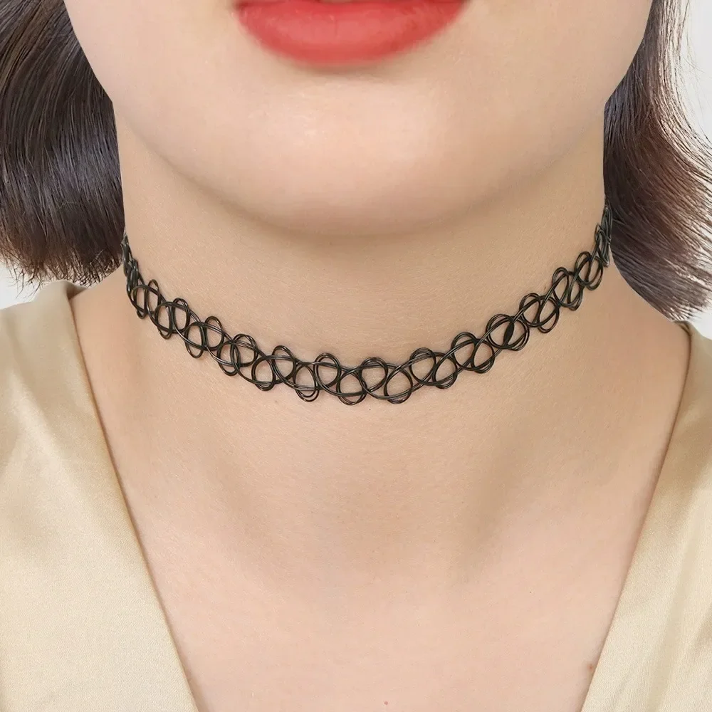12Pcs/Set  Mixed Color Tattoo Rainbow Chokers Vintage Gothic Punk Elastic Necklace Women Jewelry Party Wear Accessories Gifts