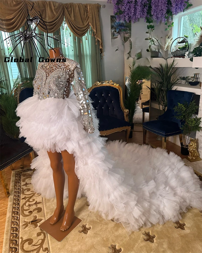 White O Neck Long Prom Dress Black Girls Bead Crystal Rhinestone 2024 Birthday Luxury Dress Tiered Ruffles Gown With Full Sleeve