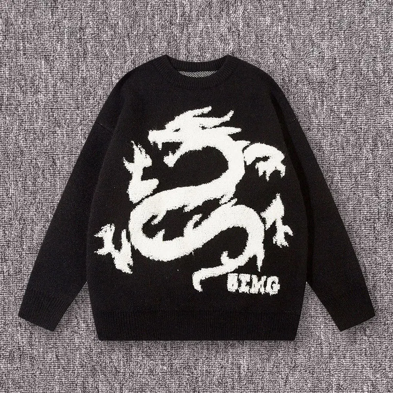 Fashion Men's Round Neck Knit Sweater Autumn/Winter Long Sleeve Cartoon Dragon patternCouple Loose Pullover Sweater Unisex