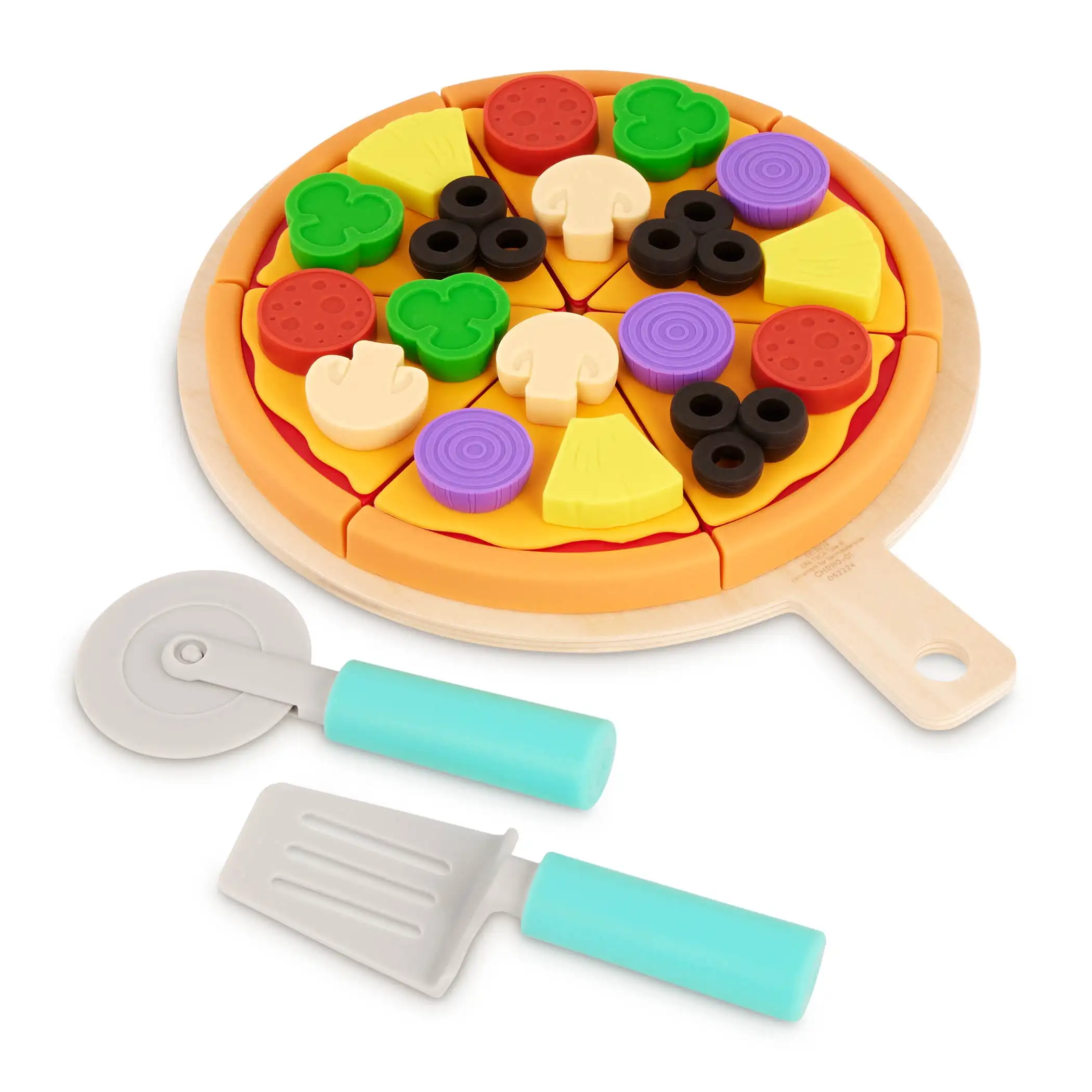 Pizza by The Slice Set plastique 7 garnitures multicolores et planche en bois, jouets pour tout-petits et préscolaires