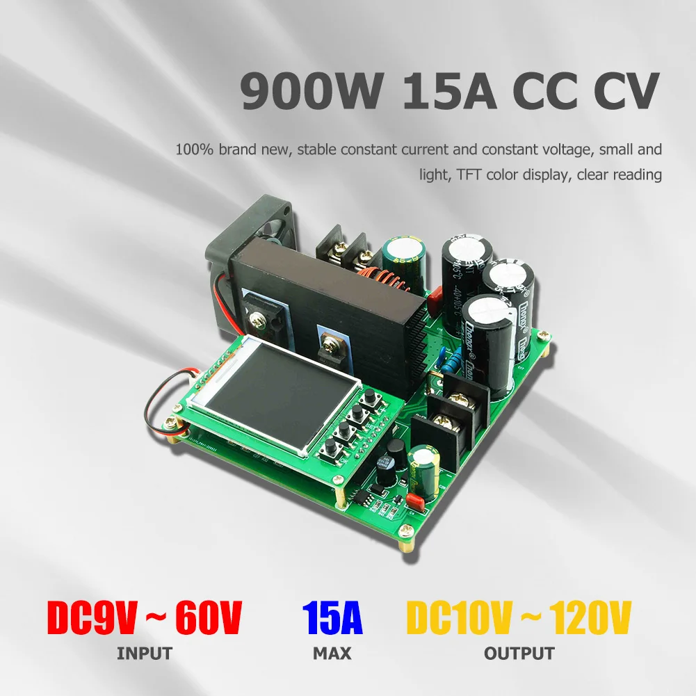 900W 15A Step Up Converter TFT Digital Display DC-DC Boost Converter Module 8-60V To 10-120V Constant Current Voltage for DIY