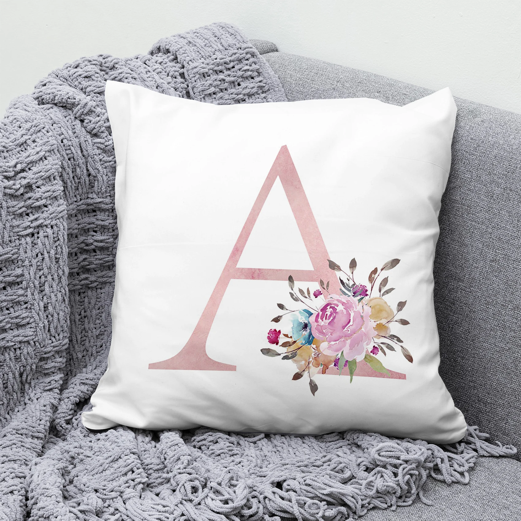 Pink Flower Letters Pillow Case Floral 26 Alphabet Pillowcase Home Decorative Throw Cushion Cover for Sofa Living room Bedroom