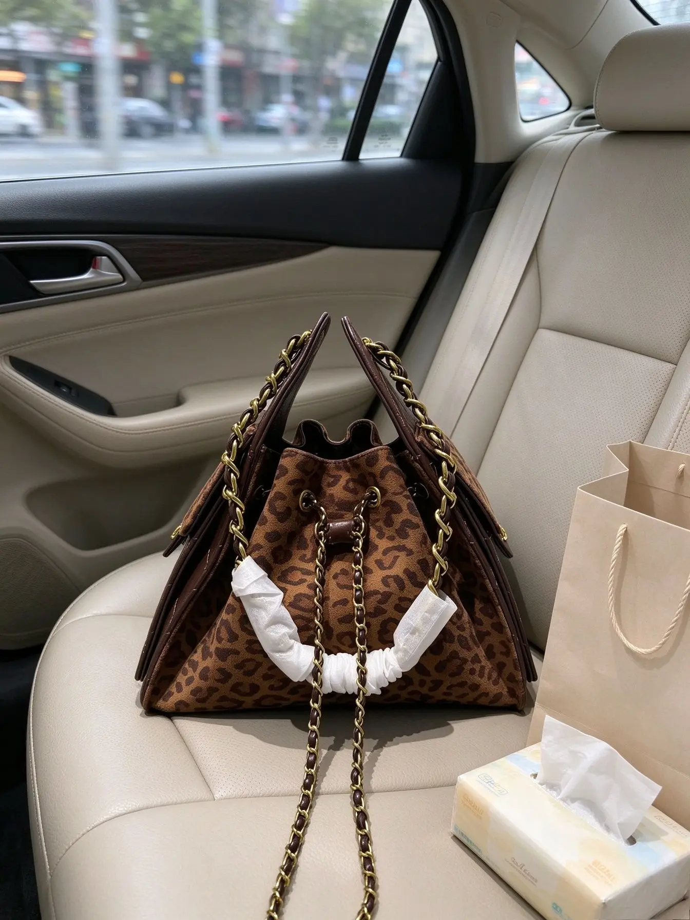 Unisex Leopard Print Drawstring Bucket Bag Spliced Leather Interwoven Chain Shoulder Crossbody Handbag