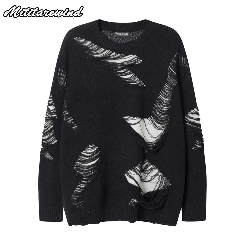 

Hip Hop Streetwear Autumn Winter Knitted Sweater Men Irregular Tassel Hole BF Style O-neck Pullover Sweater Oversized Sweater