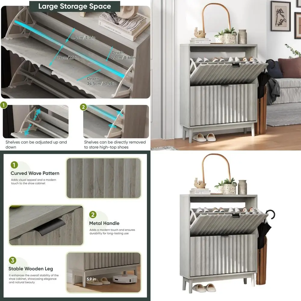 

Narrow Grey Wooden Shoe Cabinet with 2 Doors and Lattice Panel for Entryway Storage