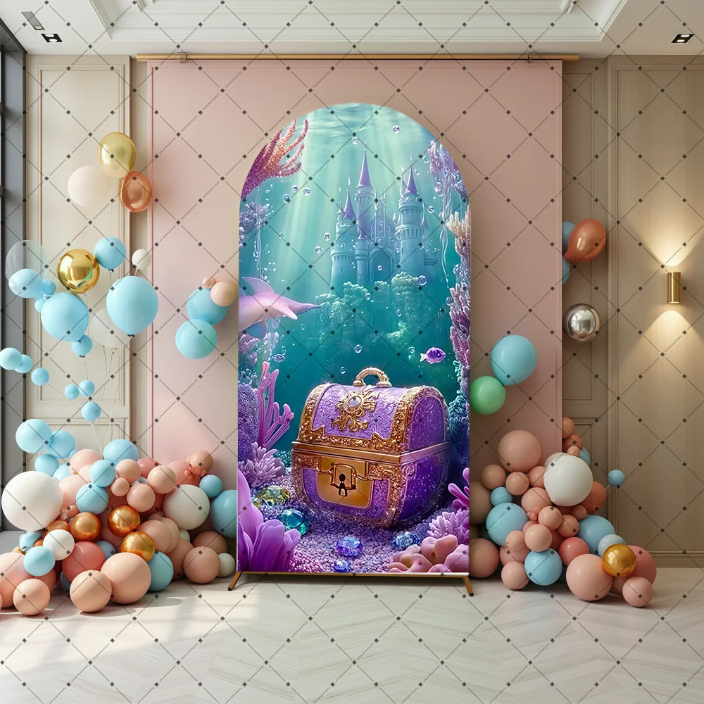 Underwater Themed Arch Backdrop Cover, Glitter Coral & Bubbles Printed Fabric for Magical Ocean Party Photoshoot & Decoration
