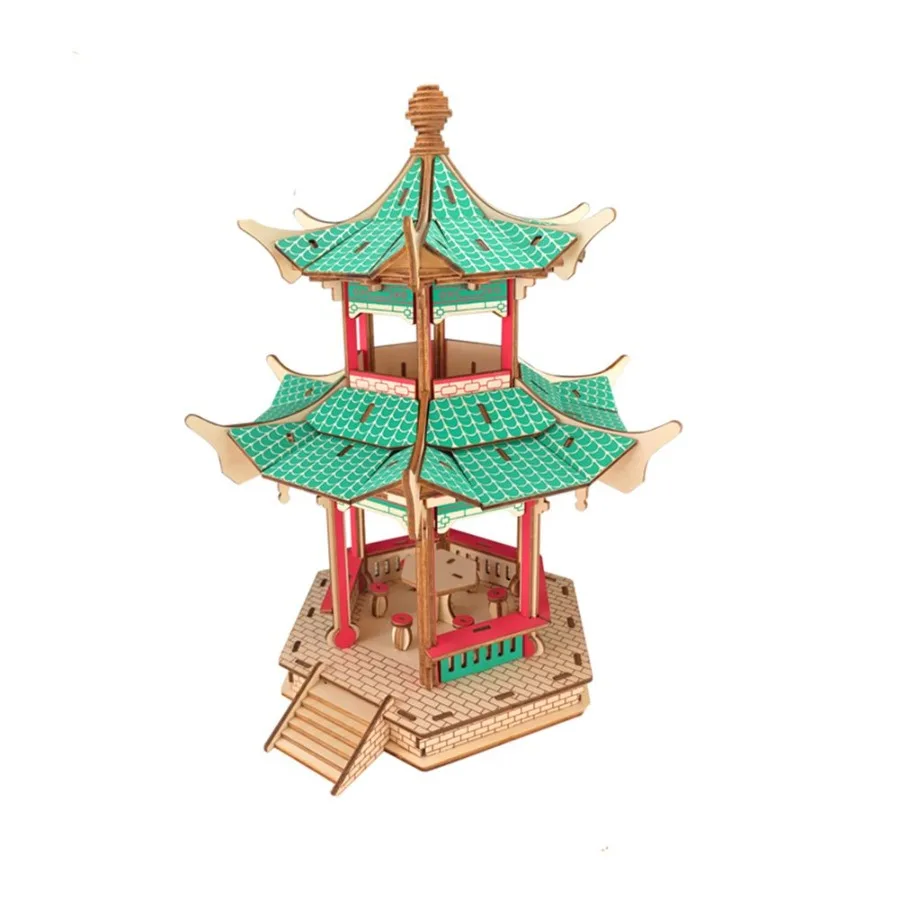 

3D Wooden Puzzle for Adult DIY Assembly Chinese City Scene Buliding Model Home Decor Gift - Hexagonal Pavilion