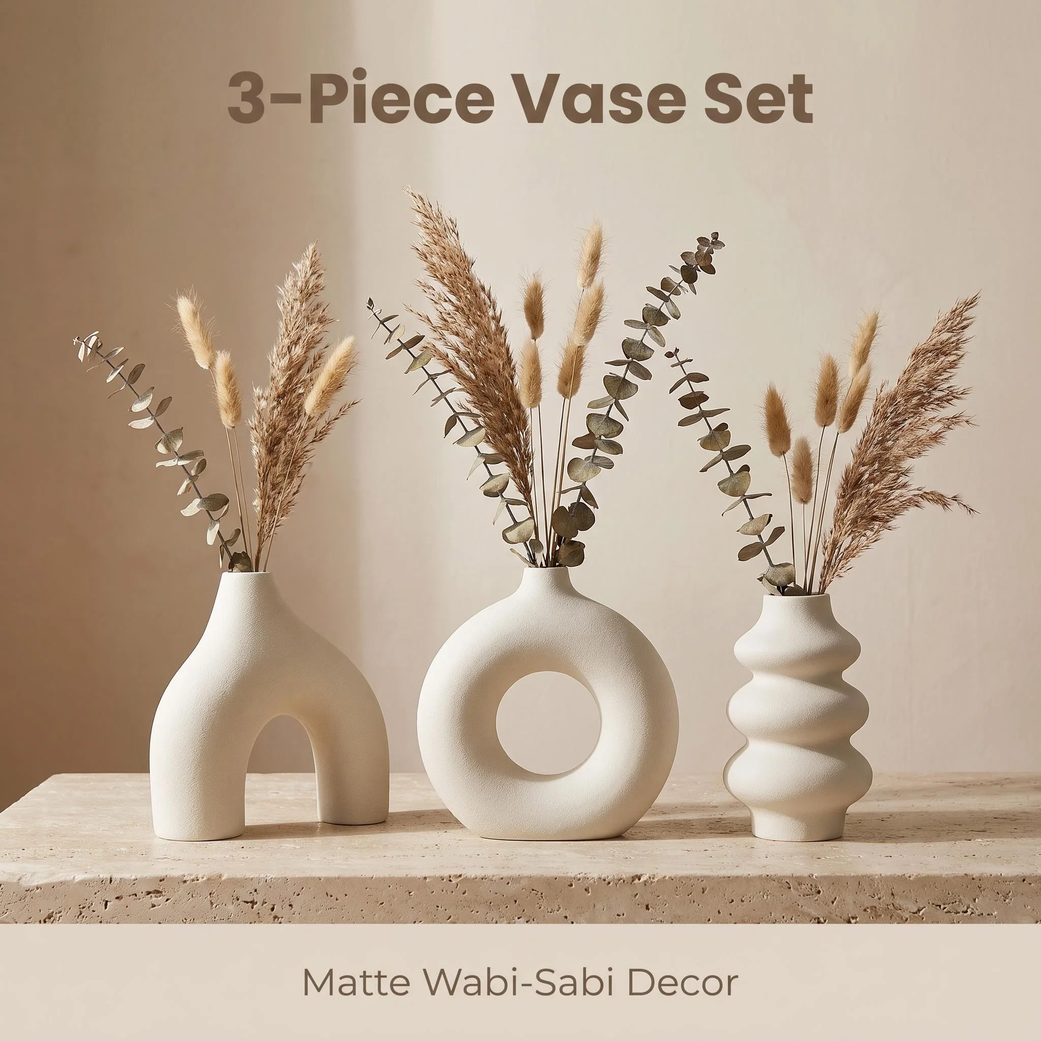 3Pcs Wabi-Sabi Irregular 3D Printed Decorative Vase Set, Matte Textured Dried Flower Vases, Pla Plastic Minimalist Home Decor, P