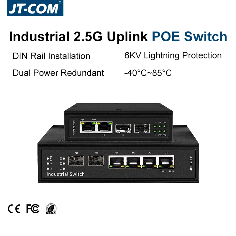 

Промышленный PoE-коммутатор JT-COM 2.5G с 2 портами RJ45 PoE 10/100/1000 Мбит/с и 2 портами SFP Uplink 2.5G, Ethernet-коммутатор