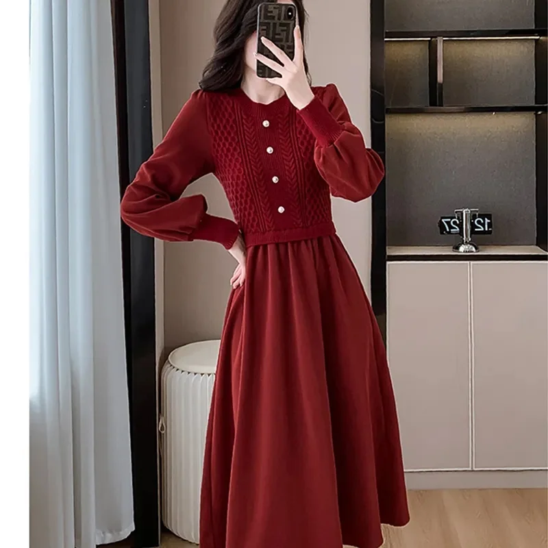 Women NewCasual O-Neck Long Dresses Autumn Ladies Long Styles Sweater Dress Female Lantern Sleeve Fake Two Pieces Knitted Dress